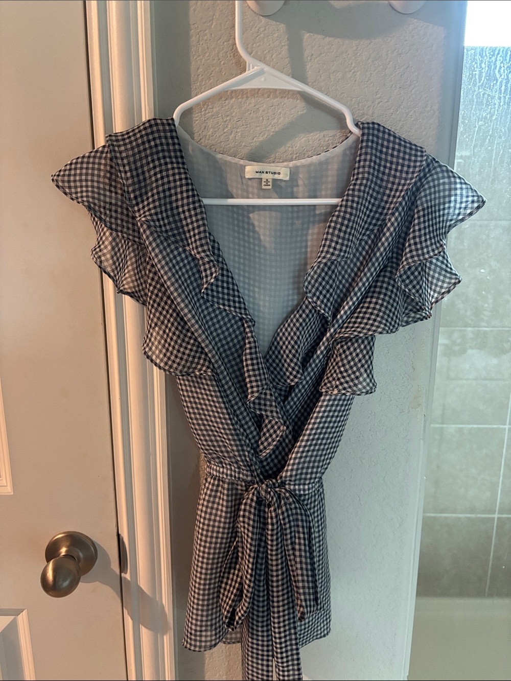 Max Studio Navy and White Gingham Ruffle Wrap Blouse